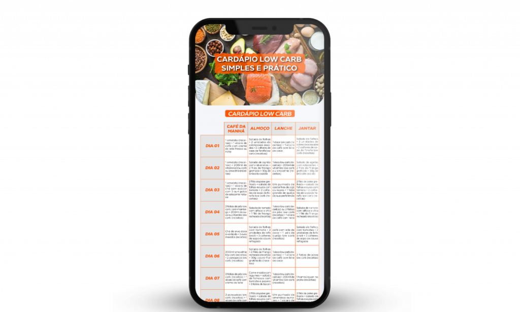 Tela de celular com o cronograma alimentar low carb do Desafio 19 dias