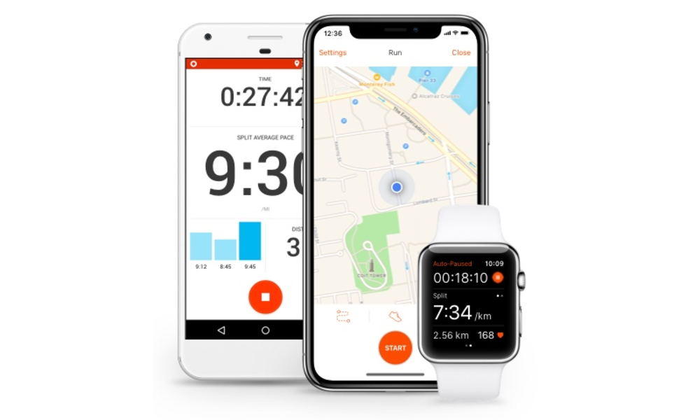 Dispositivos com o app Strava: iPhone, smartphone Android e smart watch.
