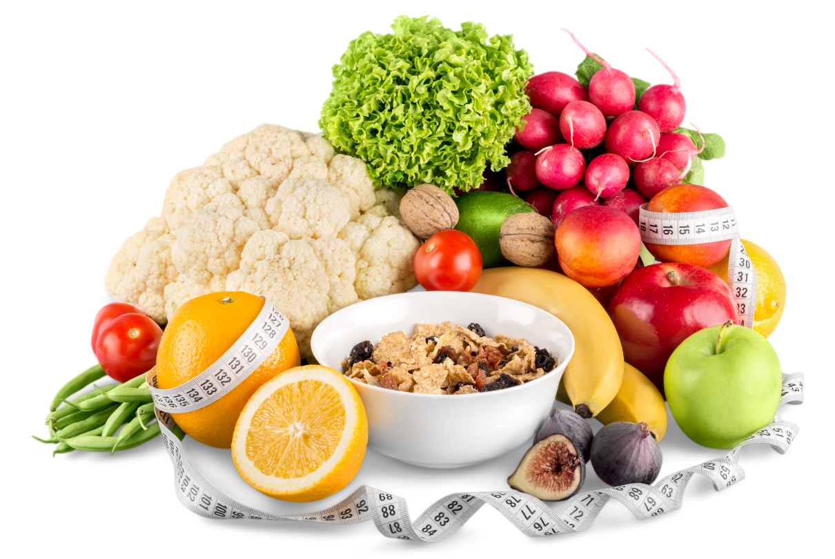 verduras, frutas e fita métrica