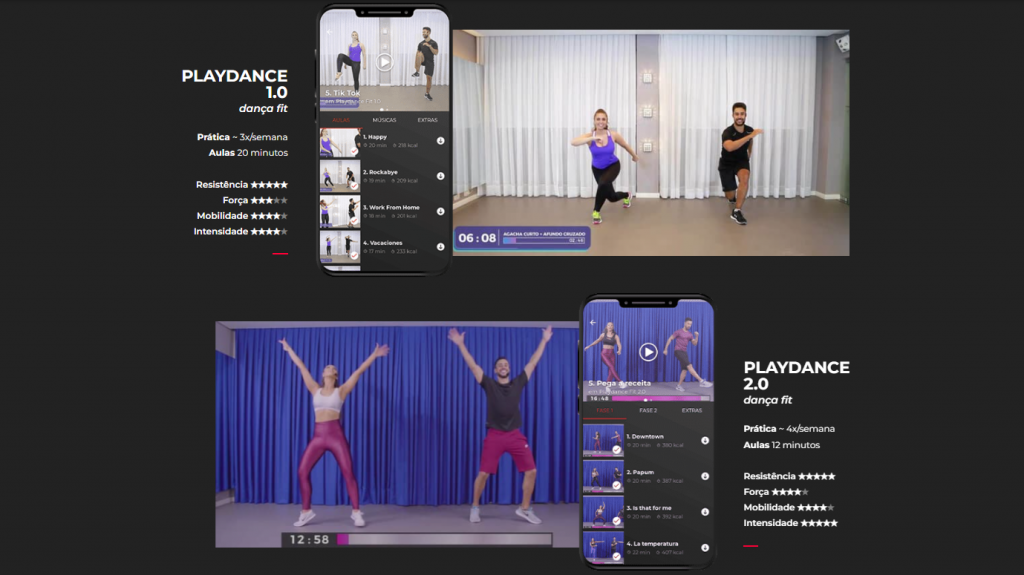captura dos vídeos de duas aulas do Programa Playdance Fit com telas de celular