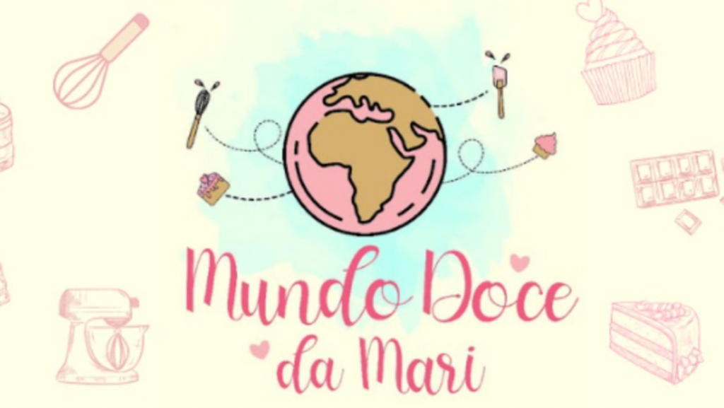 logotipo Curso de confeitaria Mundo Doce da Mari com um globo terrestre cor-de-rosa e doces ao redor