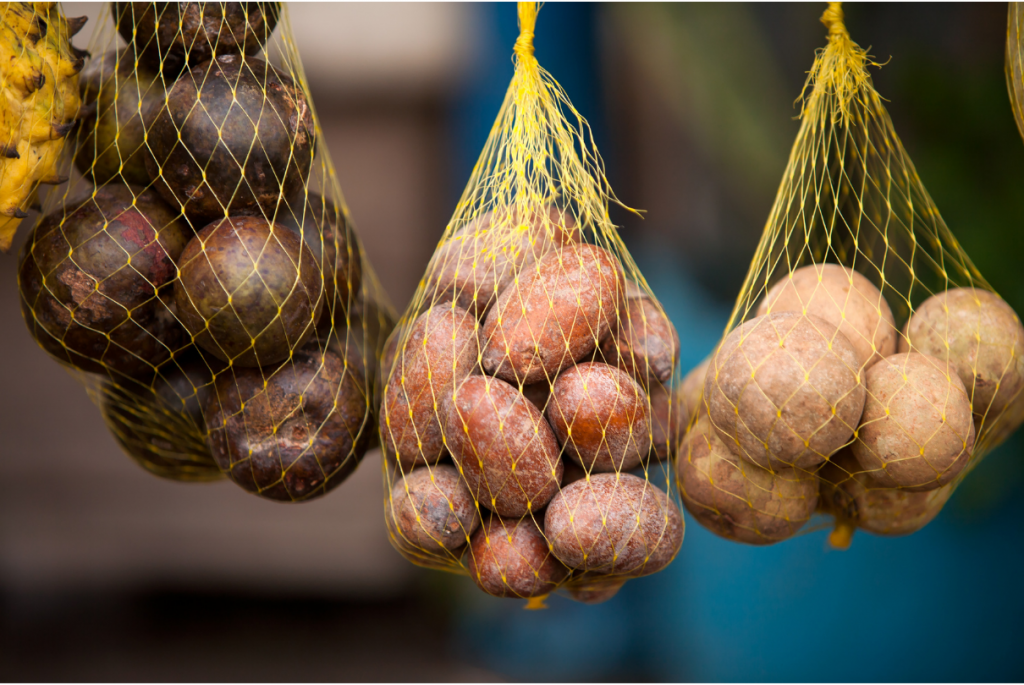 Frutas amazônicas em sacolas de feiras