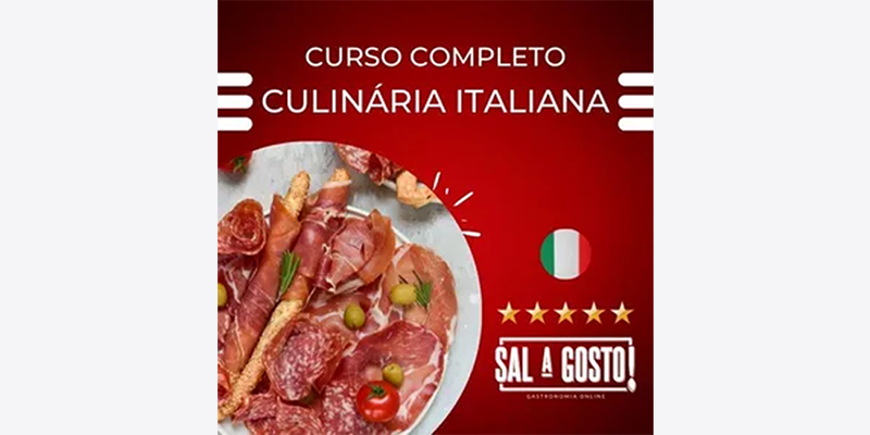 Logotipo do Curso Culinária Italiana Completa Escola Sal a gosto: fundo vermelho, prato italiano com calabresa, bandeira da Itália, 5 estrelas