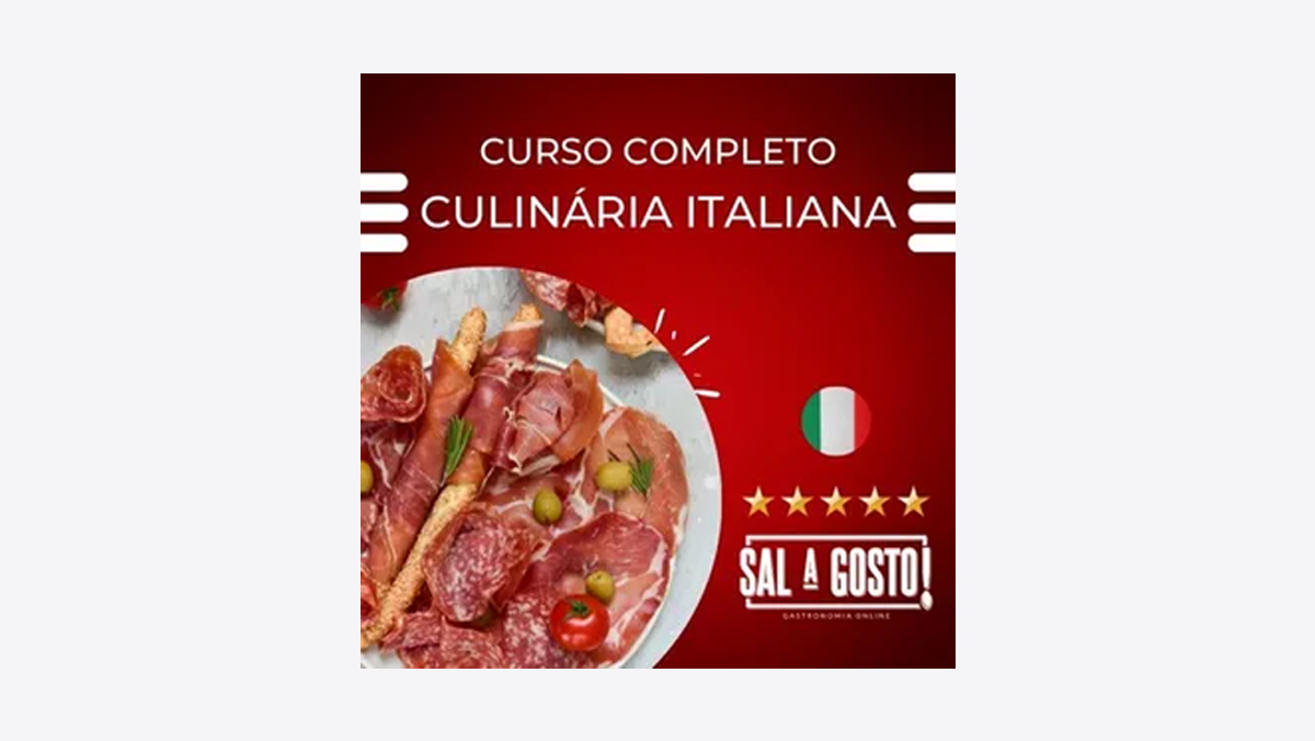 Logotipo do Curso Culinária Italiana Completa Escola Sal a gosto, fundo vermelho, prato italiano com calabresa, bandeira da Itália, 5 estrelas