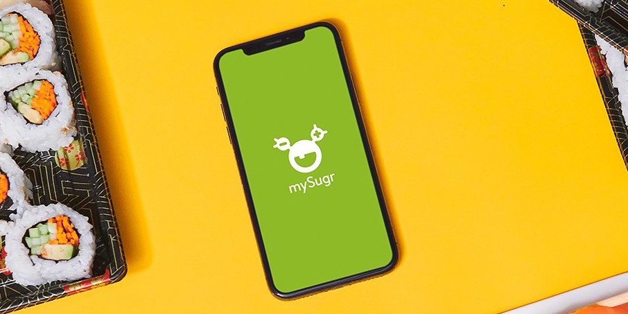 Logotipo Aplicativo My Sugr fundo verde em tela de celular