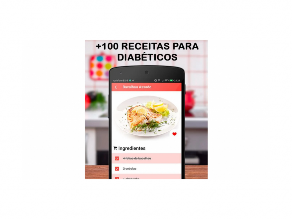 Aplicativo Receitas para Diabéticos em tela de celular, mostrando uma receita de bacalhau assado