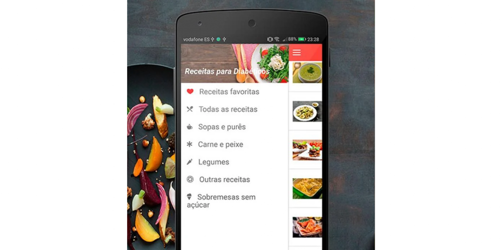 Aplicativo Receitas para Diabéticos em tela de celular, mostrando o menu esquerdo com as categorias: Todas as receitas; Sopas e purês; Carne e peixes; Legumes; Outras receitas; Sobremesas sem açúcar.