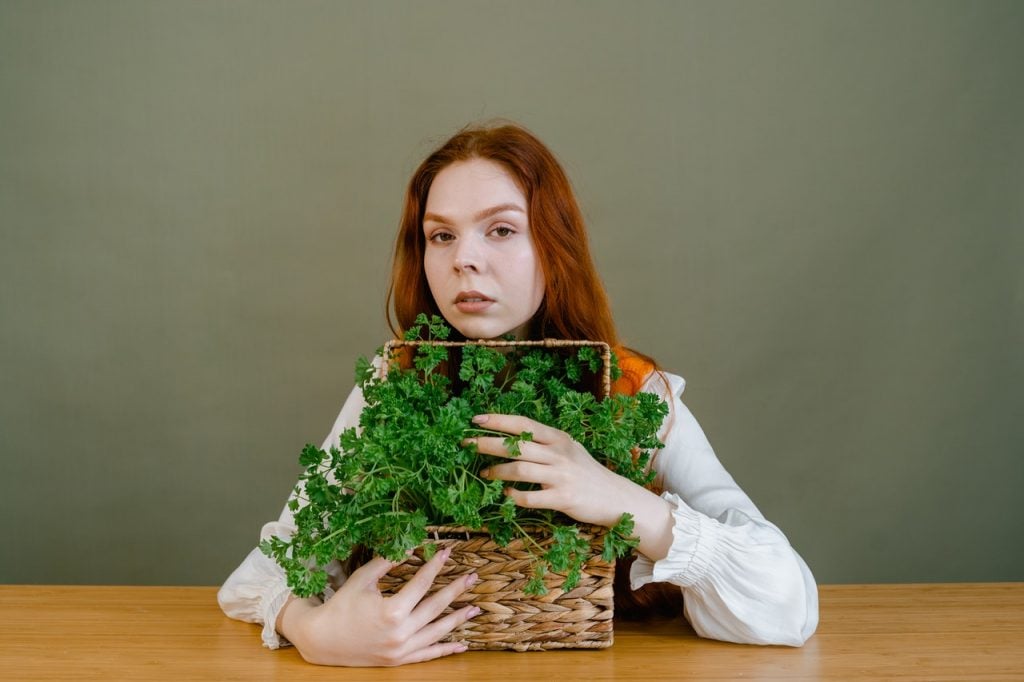 pessoa ruiva segurando caixa com folhas verdes