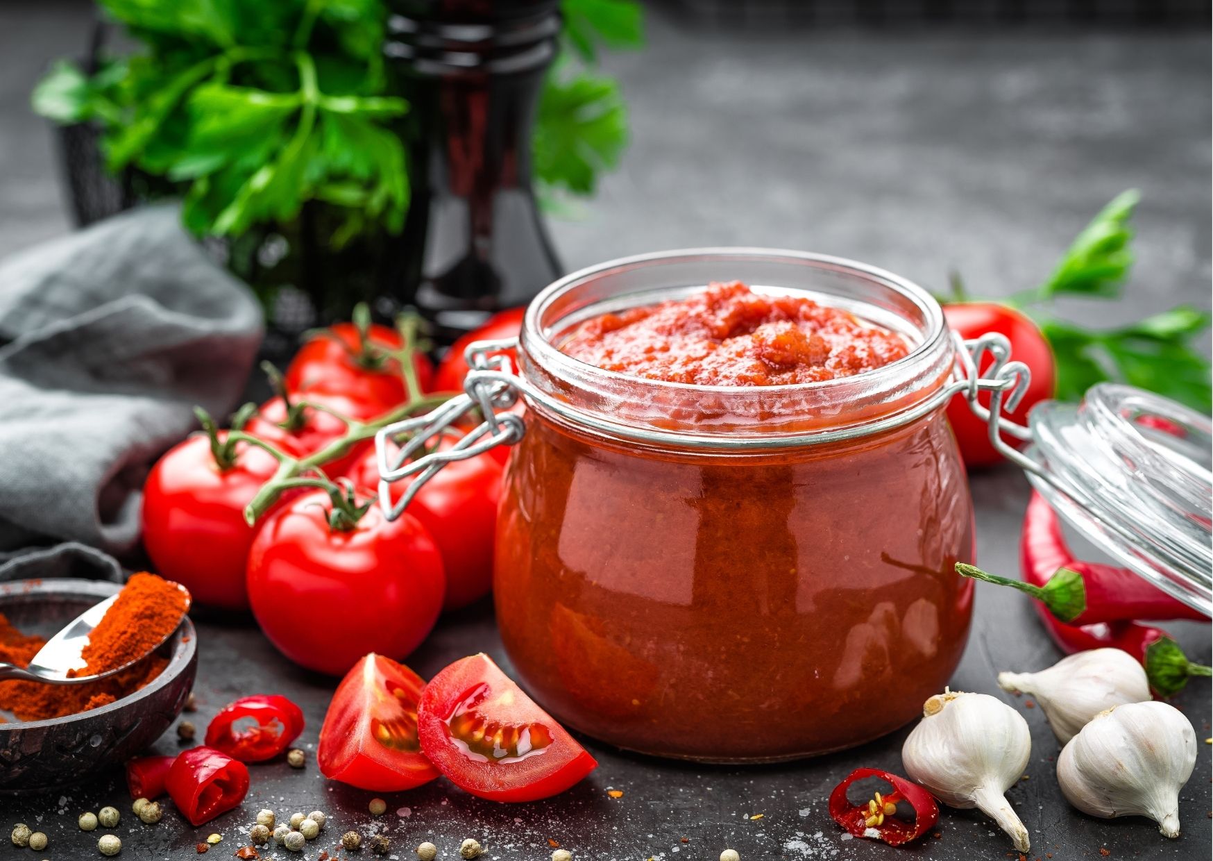 Imagem com fundo cinza e tomates ao redor do molho de tomate caseiro pronto