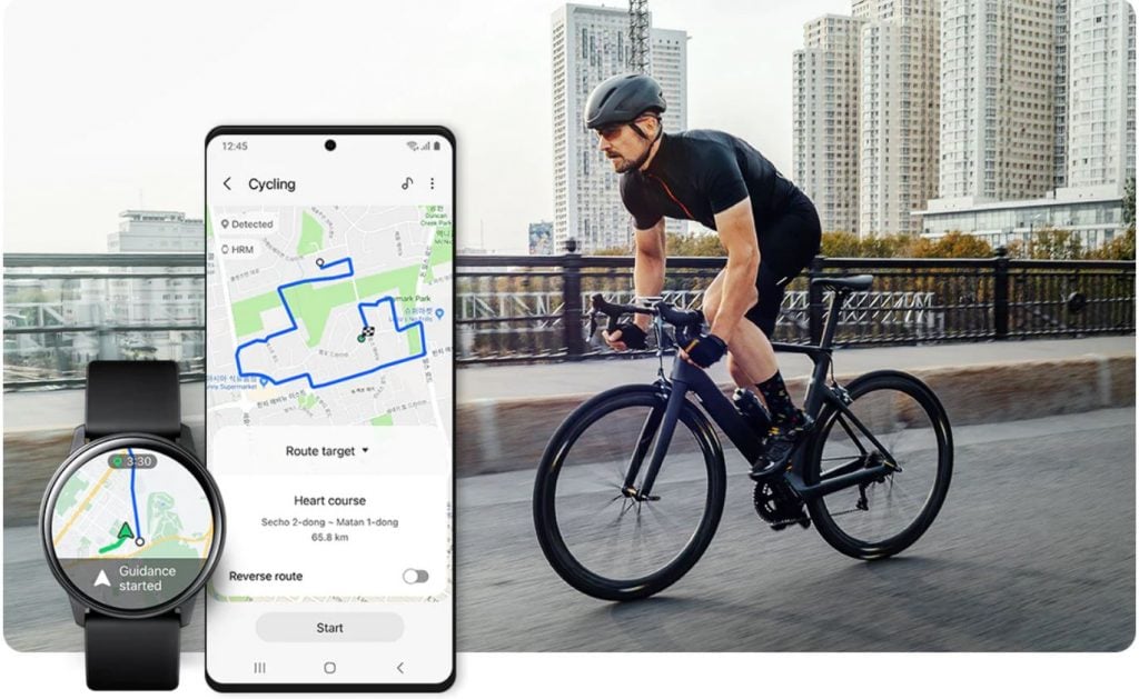 Interface do app e homem andando de bicicleta