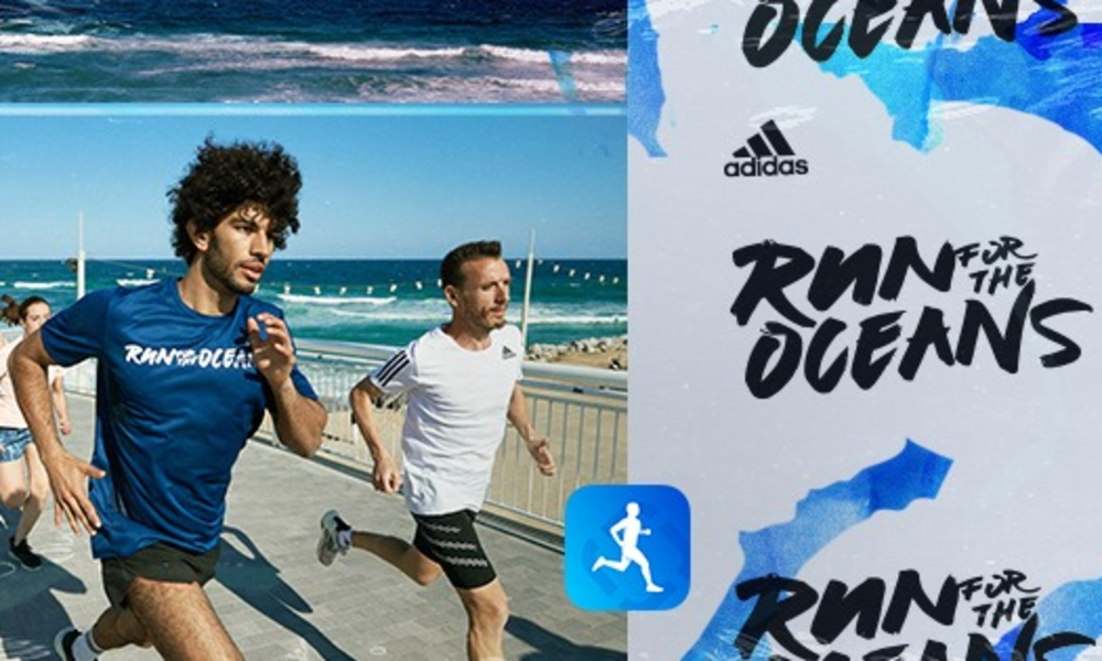 Logotipo do app Adidas Running by Runtastic, logotipo da Adidas e homens correndo