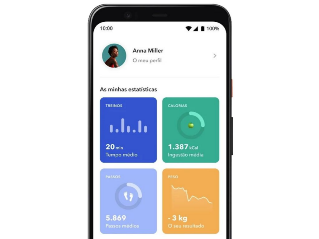 Tela do aplicativo BetterMe, perfil de uma usuária e suas estatísticas de: Tempo médio de treino, contagem de calorias, contagem de passos e perda de peso (menos 3 quilos).