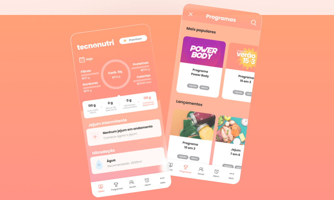 Tela do app Tecnonutri premium, com informações nutricionais (de fibras, gorduras, proteínas e calorias consumidas), informações sobre jejum e hidratação (recomendação de água 2000ml). E programas populares como o Power Body, além de lançamentos como o Jejum 7 em 6 e Programa 10 em 2.
