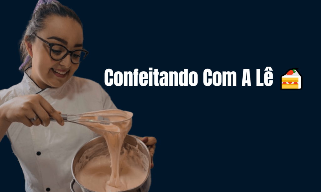 logotipo do curso Confeitando com a Lê junto com a confeiteira Lê preparando massa