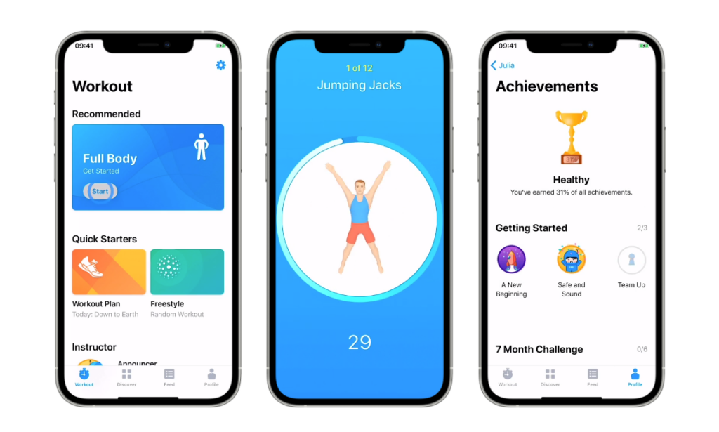 telas do aplicativo Seven para exercícios