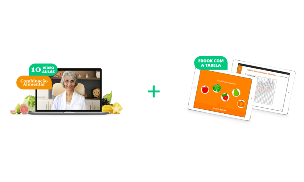 Banner de divulgação 10 videoaulas + ebook com tabela da Combinação Alimentar Angela Xavier