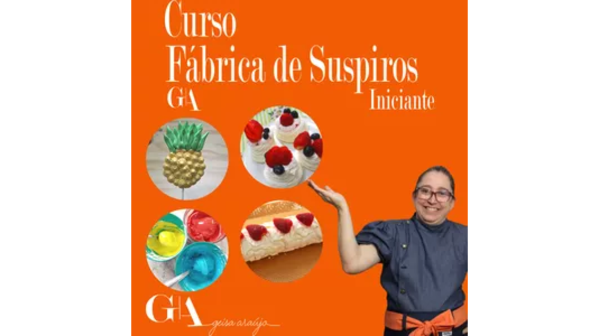 Curso Fábrica de Suspiros Iniciante logotipo fundo laranja com professora apontando para fotos de suspiros