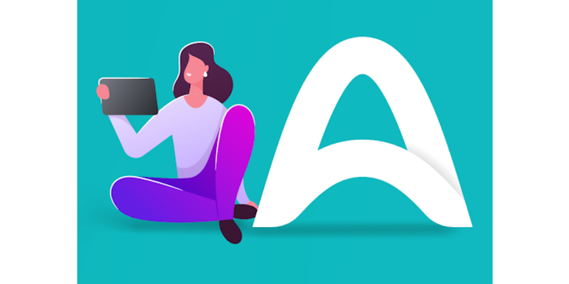 Ilustração mulher segurando tablet sentada ao lado do logotipo Ampl