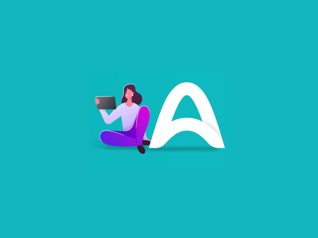 Ilustração mulher segurando tablet ao lado do logotipo Ampli