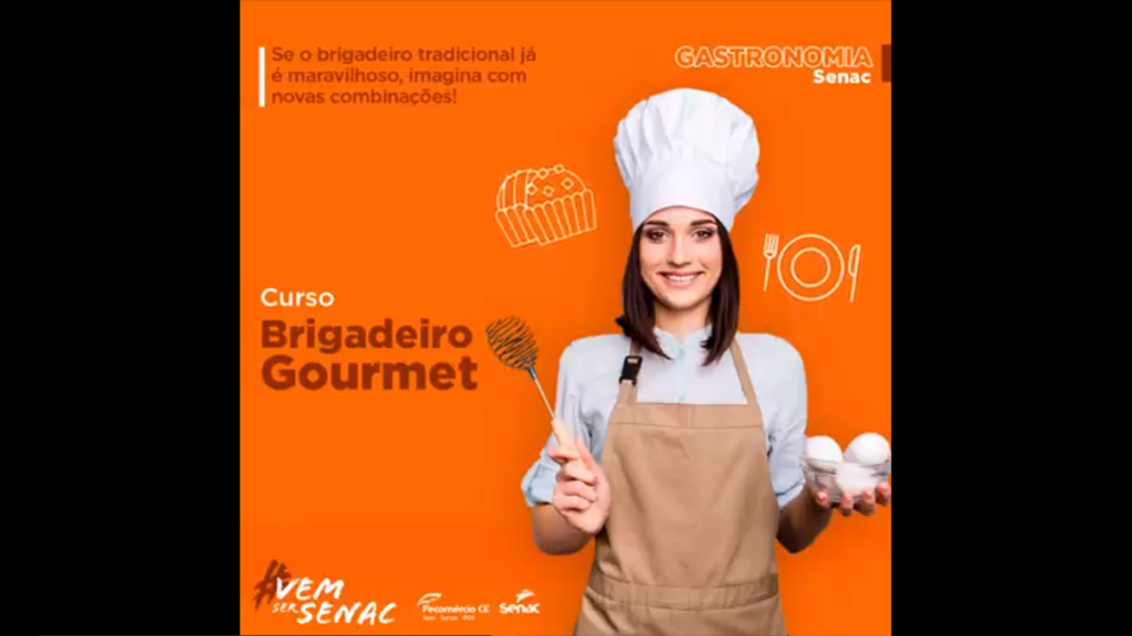Logotipo Curso Brigadeiro Gourmet Senac fundo laranja. Aluna com uniforme e avental segurando três ovos e fuê.