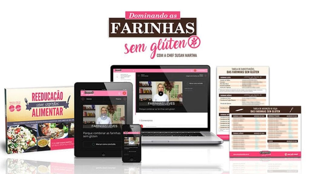 Logotipo do Curso Dominando as Farinhas sem Glúten Chef Susan Martha. Videoaulas sobre farinha leve em telas de notebook, tablet e celular. Tabelas sobre farinha sem glúten e pacote sobre reeducação alimentar.