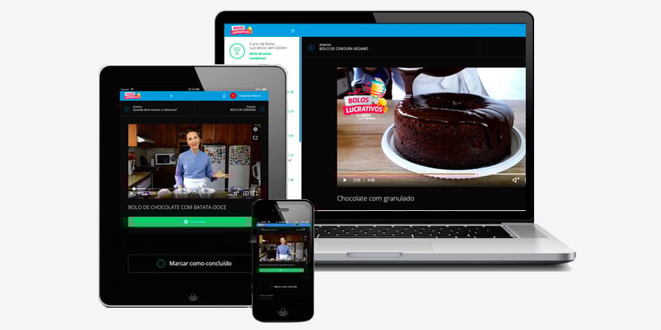 Curso de Bolos Lucrativos sem Glúten e sem Lactose em telas de notebook, tablet e celular