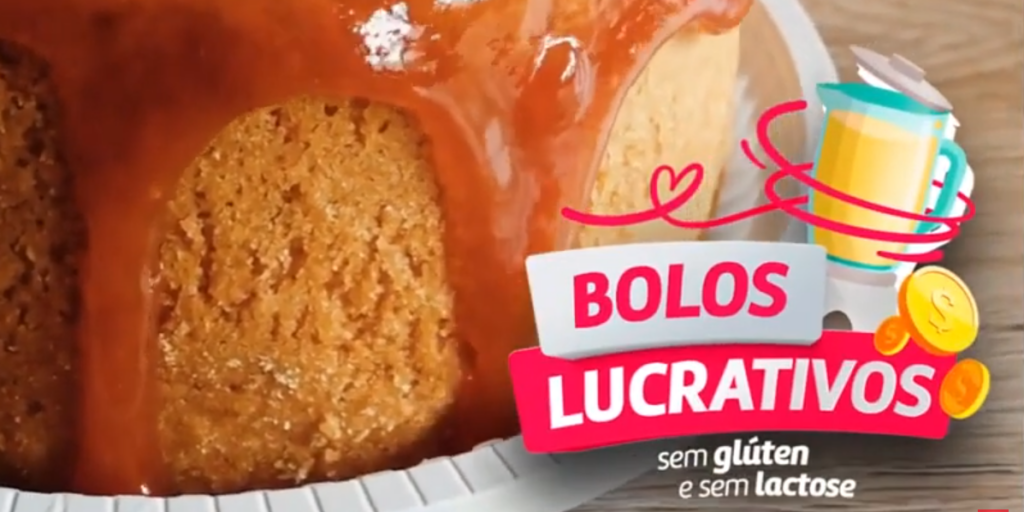 Logotipo Curso de Bolos Lucrativos sem Glúten e sem Lactose, ao fundo bolo com cobertura