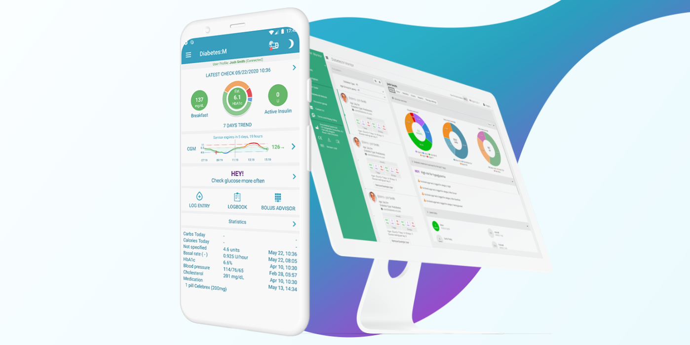 Aplicativo Diabetes:M em telas de celular e de computador