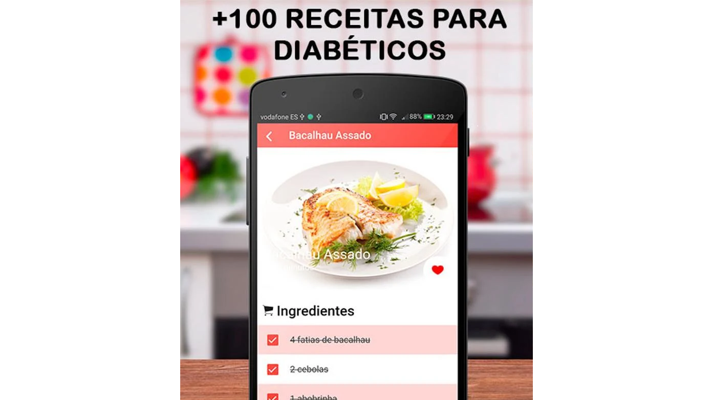Aplicativo Receitas para Diabéticos em tela de celular, mostrando uma receita de bacalhau assado