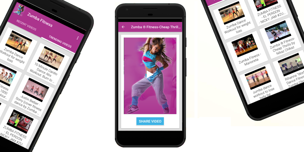 Telas principais do Aplicativo Treino Aeróbico para Zumba (Zumba Fitness) em três celulares