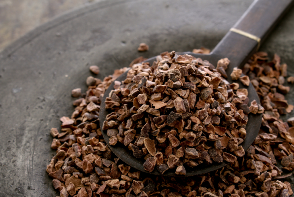 Prato com colher e nibs de cacau