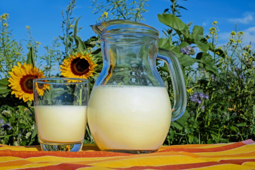 Jarra e copo de suco de inhame, que é uma opção de receita de inhame. Ao ar livre, com plantas e girassol ao fundo