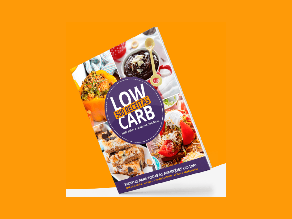 E-book 500 receitas low carb em fundo amarelo