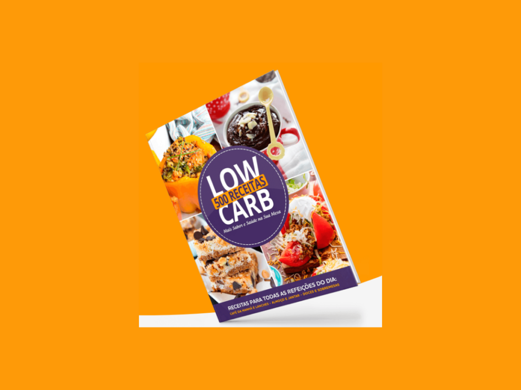 E-book 500 receitas low carb em fundo amarelo