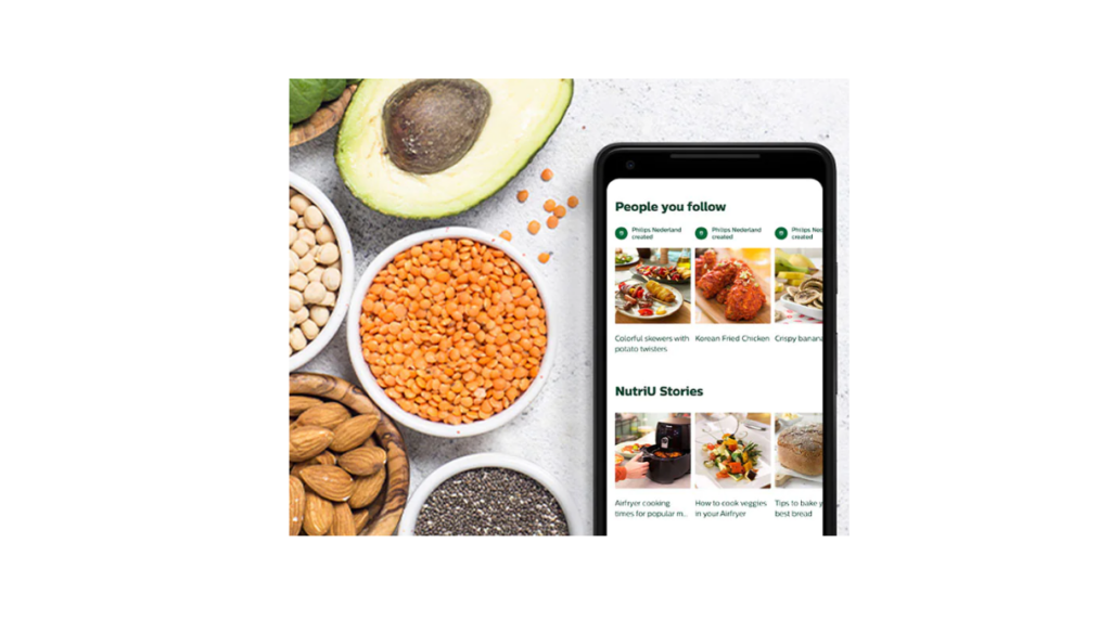 Celular com logo NutriU e alimentos em volta