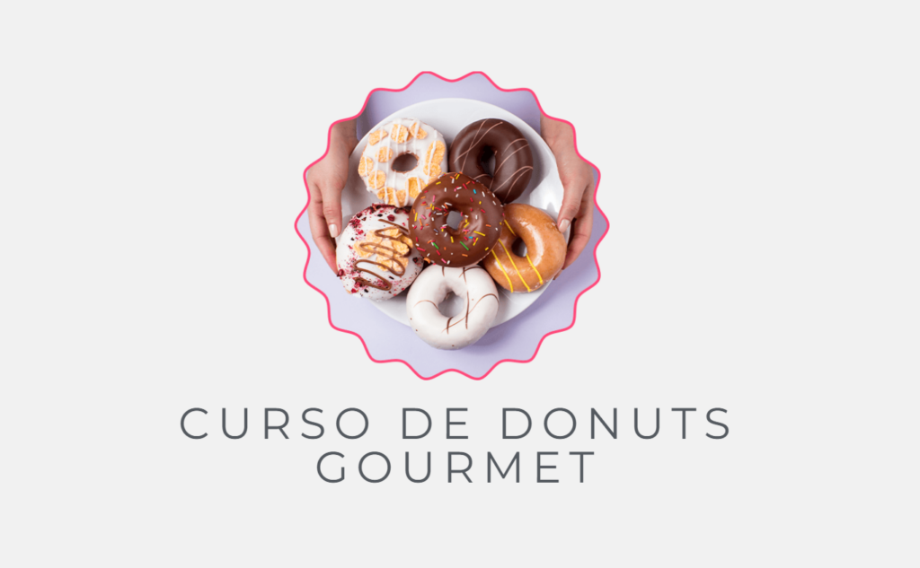Logotipo Cursos de Donuts Gourmet em fundo cinza claro e prato com donuts diversos
