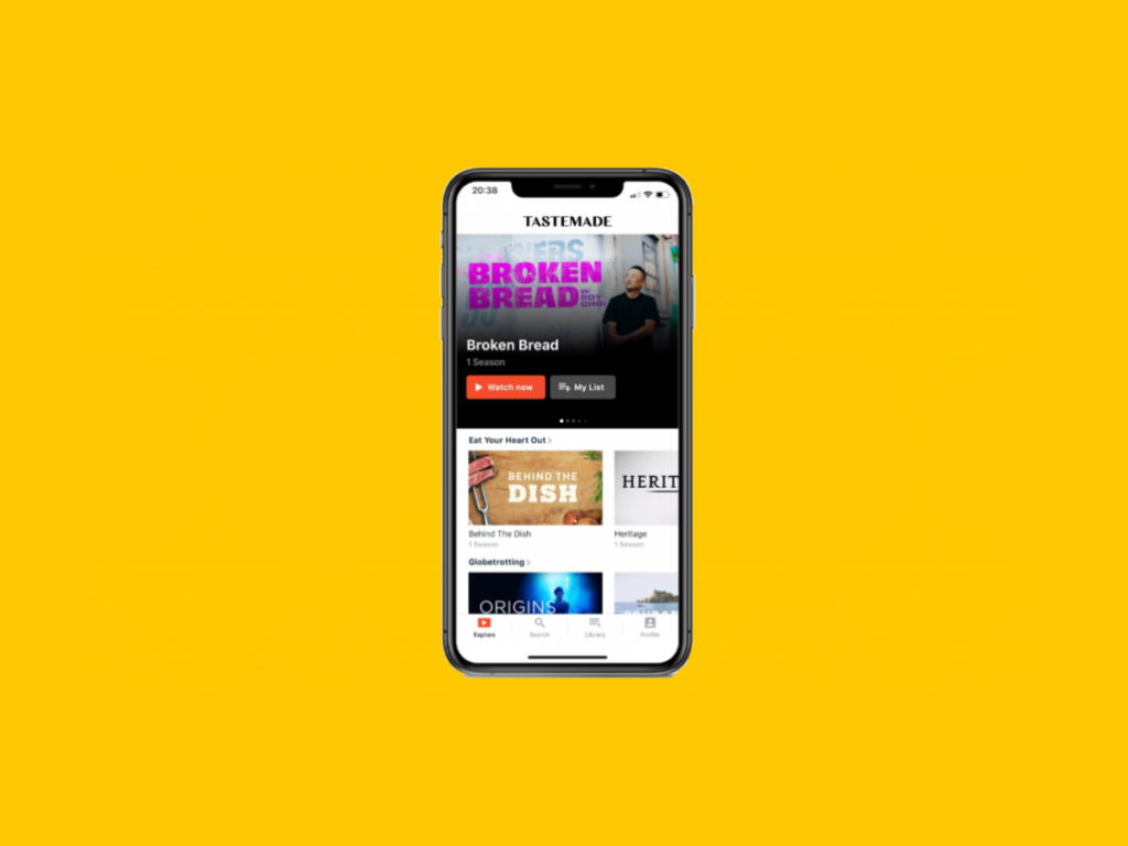 tela do aplicativo Tastemade aberta em celular em imagem com fundo amarelo