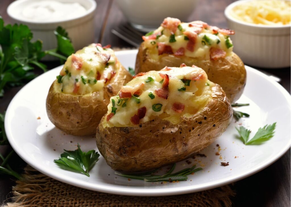 Imagem com um prato branco apresentando uma batata recheada simples
