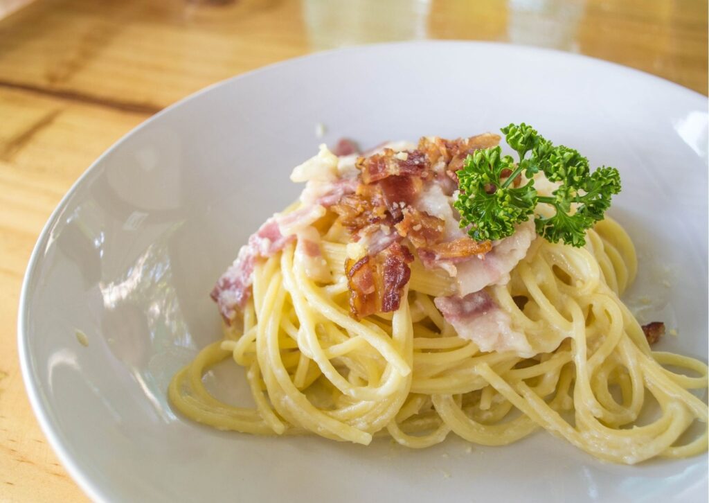 imagem com um belo prato de espaguete à carbonara