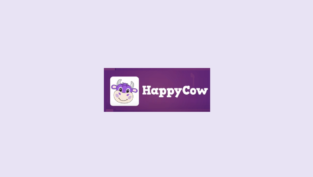 Logotipo Happy Cow dentro de retângulo roxo em fundo lilás.