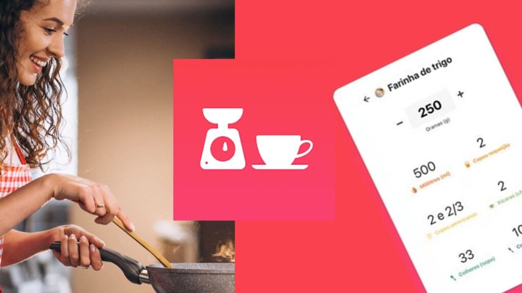 Logo do app com mulher cozinhando e interface em tablet