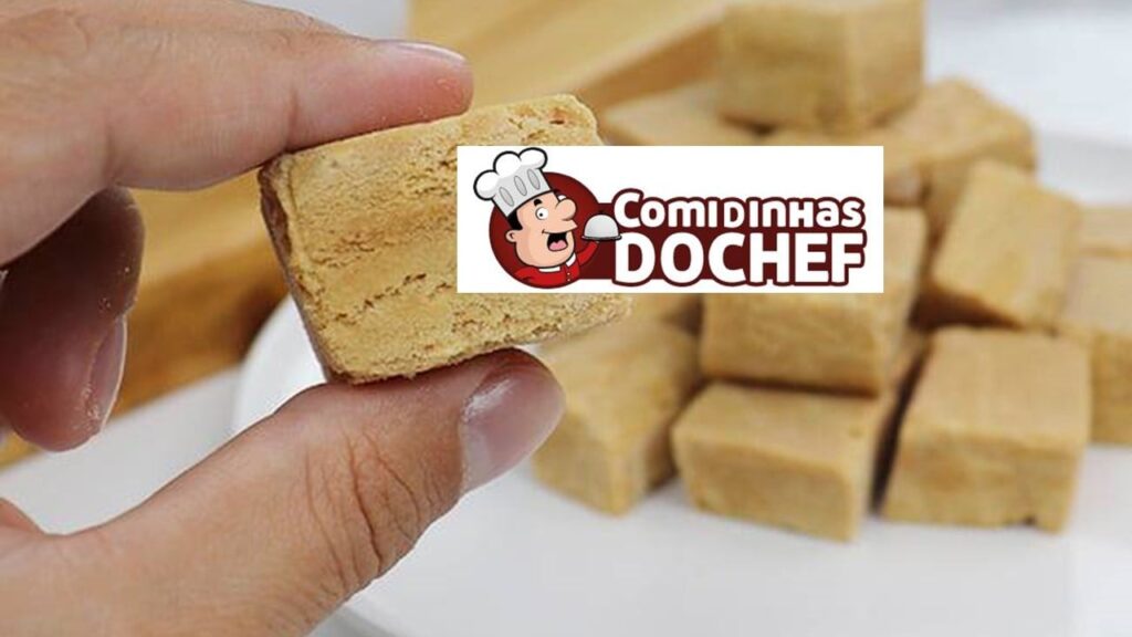 Mão segurando doce de leite de corte com logo do app
