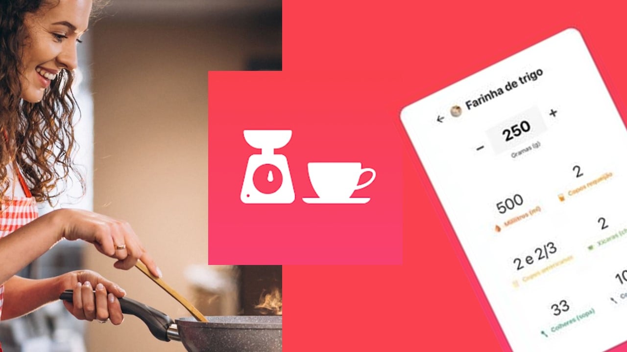Logo do app com mulher cozinhando e interface em tablet